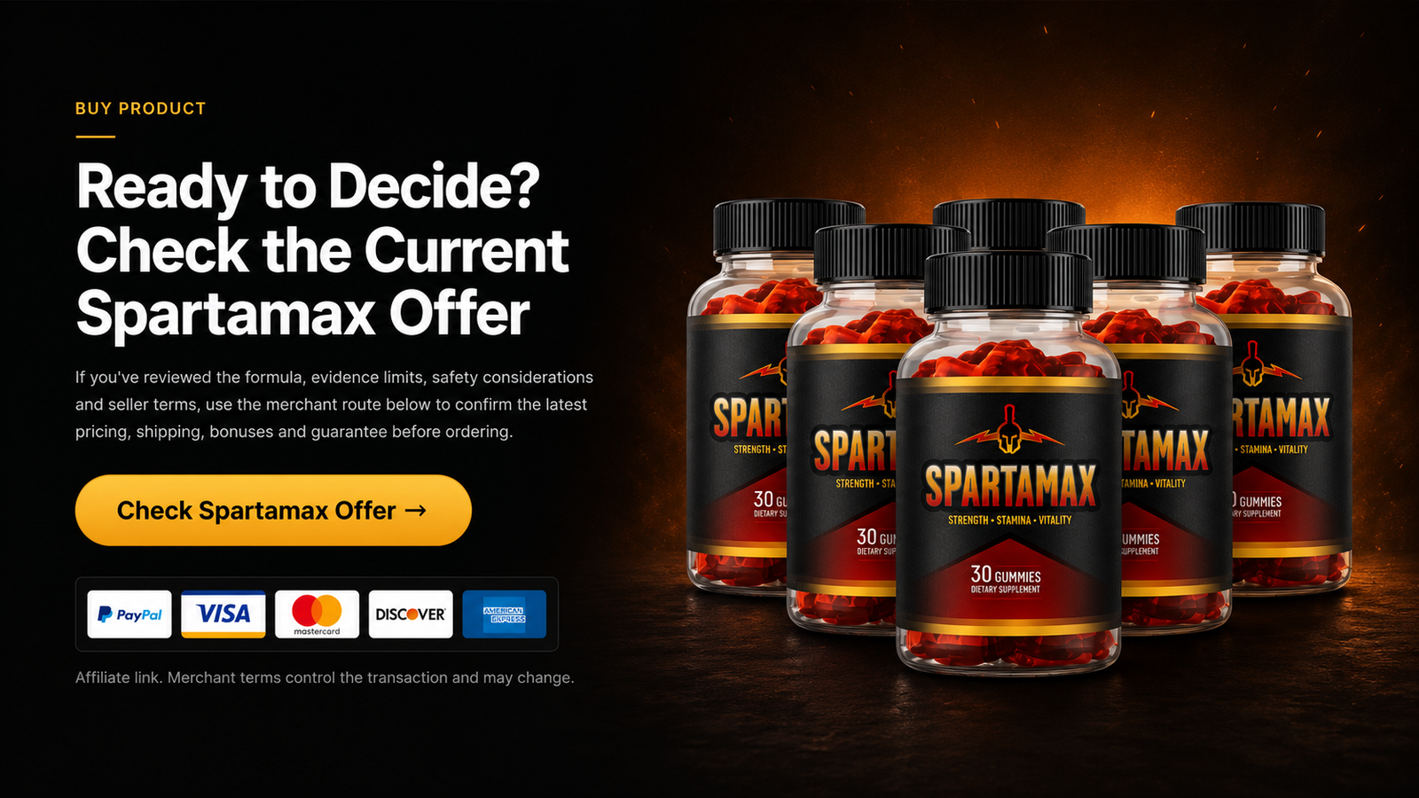 Spartamax current offer banner with product bottles and payment methods
