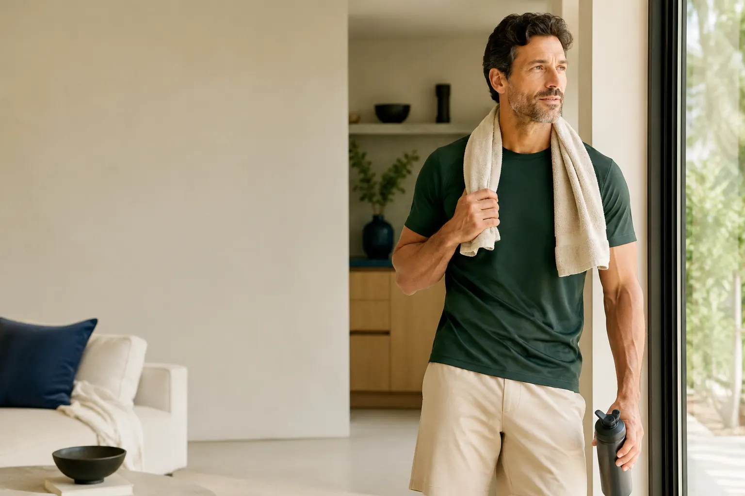 Active man after training at home